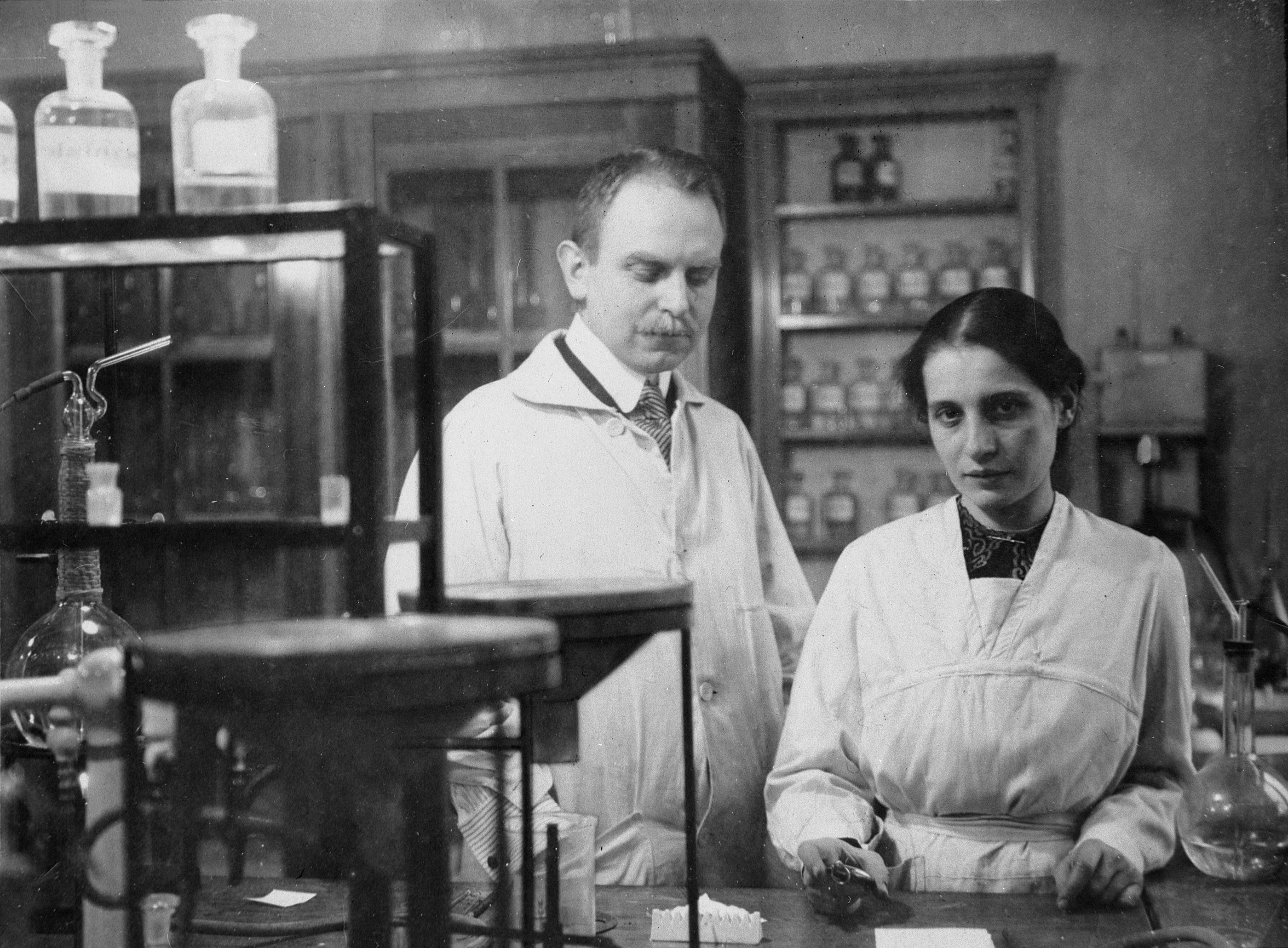 Lise Meitner and Otto Hahn in their Berlin laboratory at the Kaiser Wilhelm Institute.